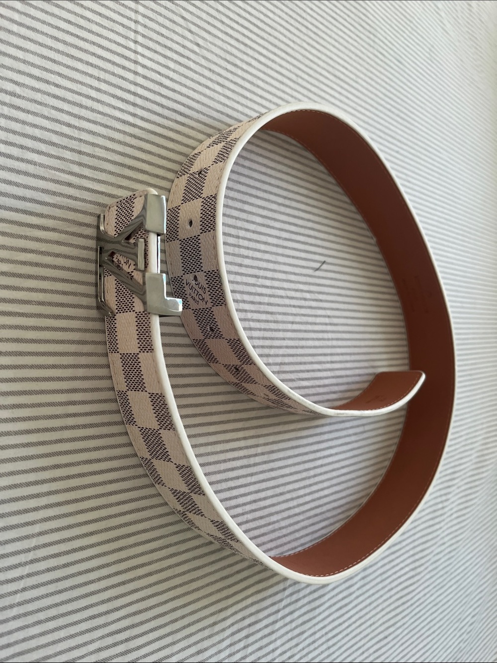 Louis Vuitton White Damier Azur Checkered Belt with Silver Buckle